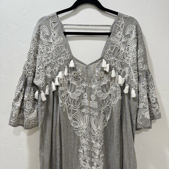 Anthropologie Maeve Tisdale Embroidered Tassel Midi Dress Women 6 Oversized Gray - Picture 6 of 16